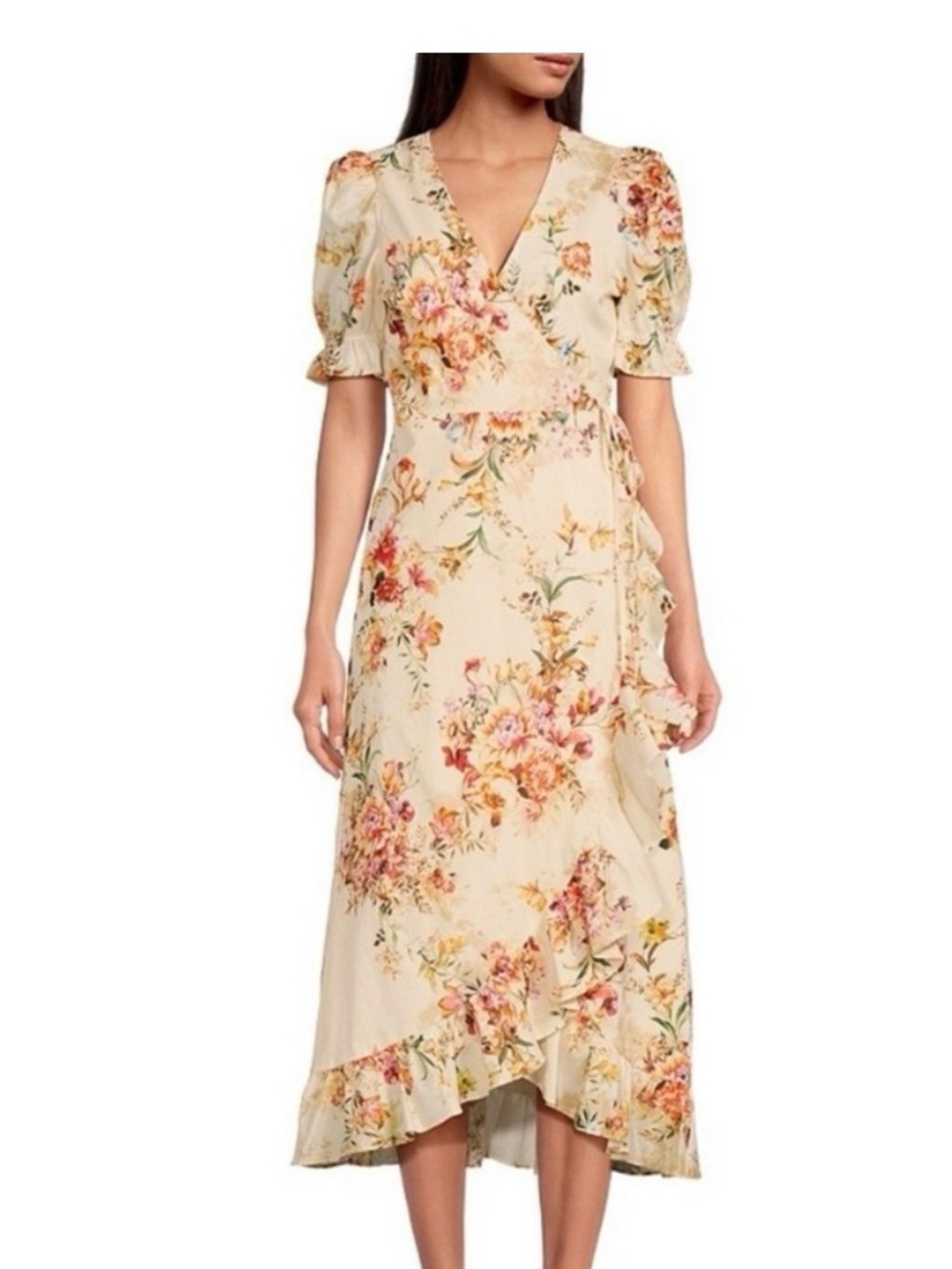 A Loves A Floral  Short Sleeve High-Low Ruffled Hem Wrap Midi Dress Cream Cotton